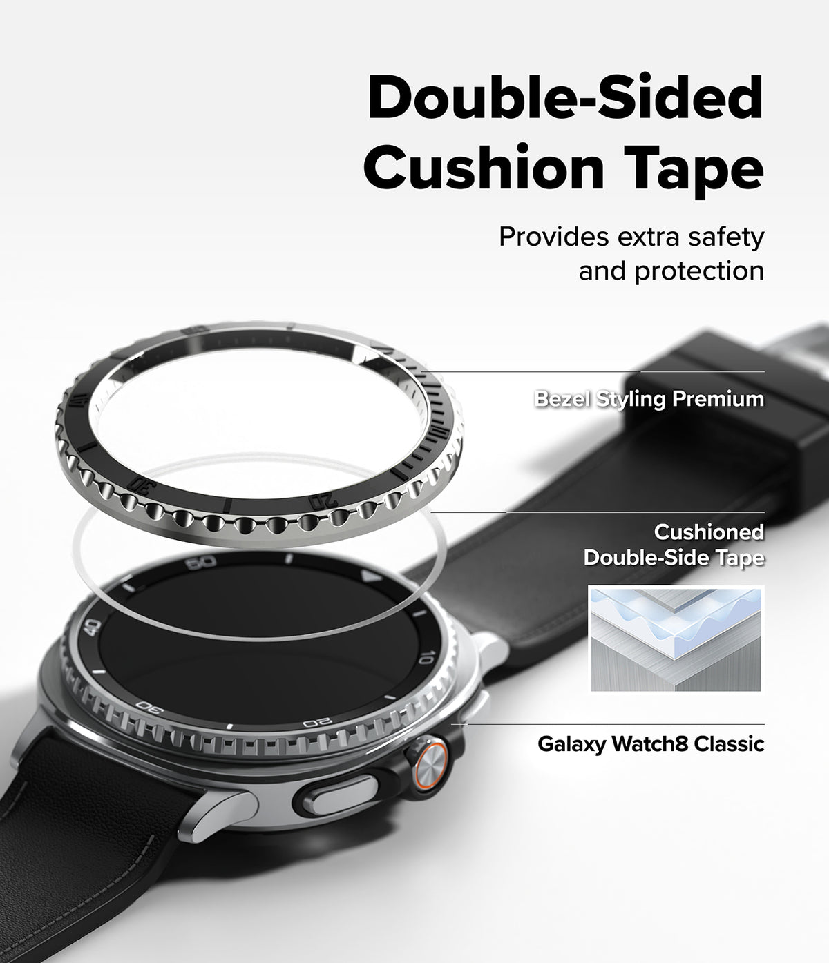 Galaxy Watch 8 Classic 46mm | Bezel Styling Premium - Exploded view of a watch bezel with adhesive tape for protection.
