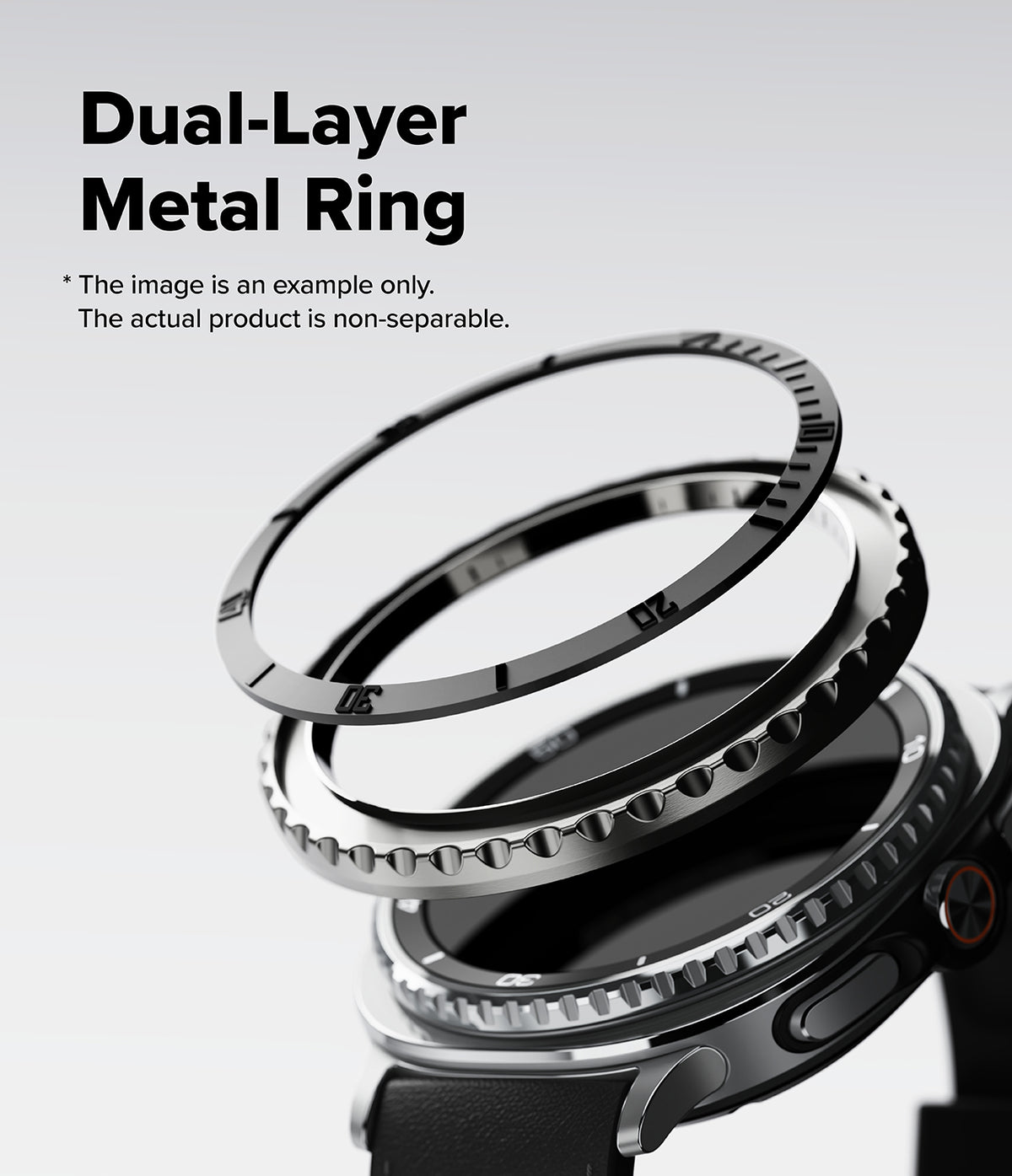 Galaxy Watch 8 Classic 46mm | Bezel Styling Premium - Exploded view of a dual-layer metal bezel ring hovering above a smartwatch face.
