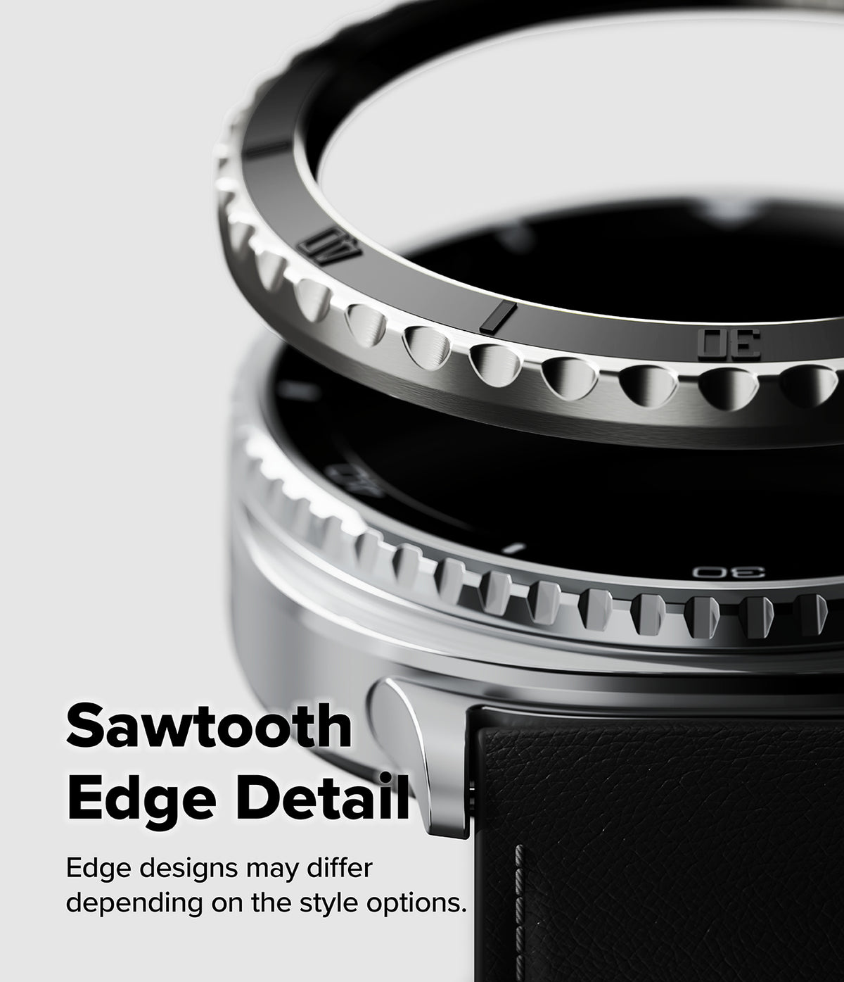 Galaxy Watch 8 Classic 46mm | Bezel Styling Premium - Close-up of a metallic watch bezel with a sawtooth edge design.