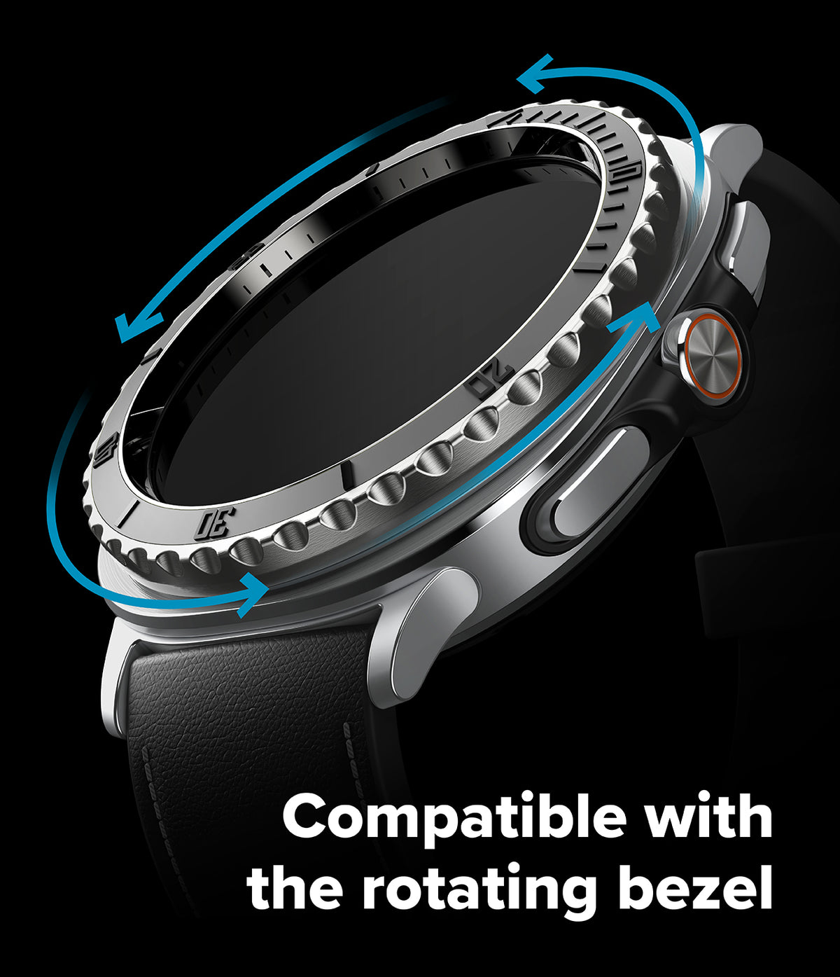 Galaxy Watch 8 Classic 46mm | Bezel Styling Premium - Silver metallic bezel styling ring on a smartwatch with blue arrows indicating rotation.