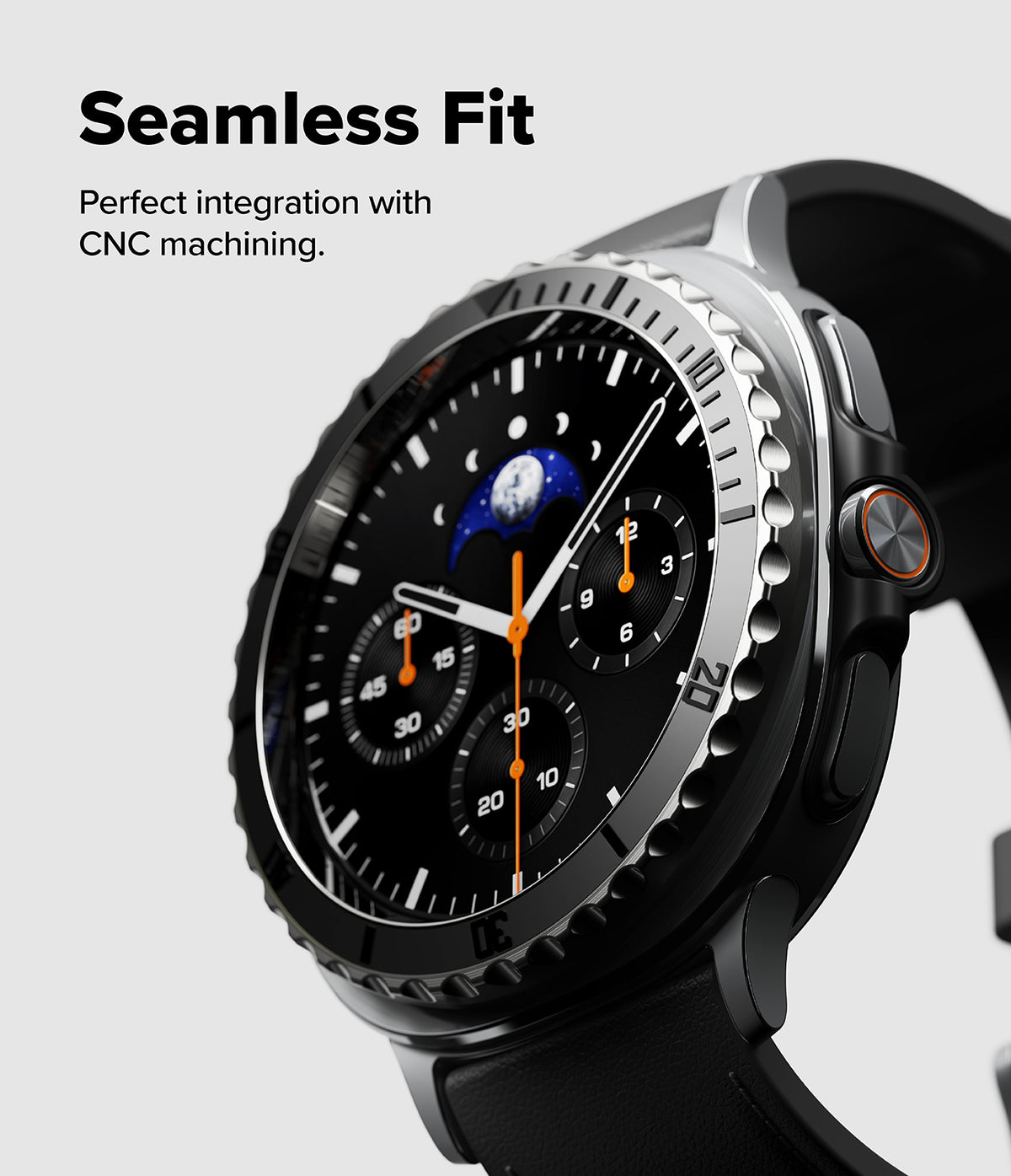Galaxy Watch 8 Classic 46mm | Bezel Styling Premium - Close-up of a smartwatch with a metallic, CNC-machined bezel and a black chronograph face.