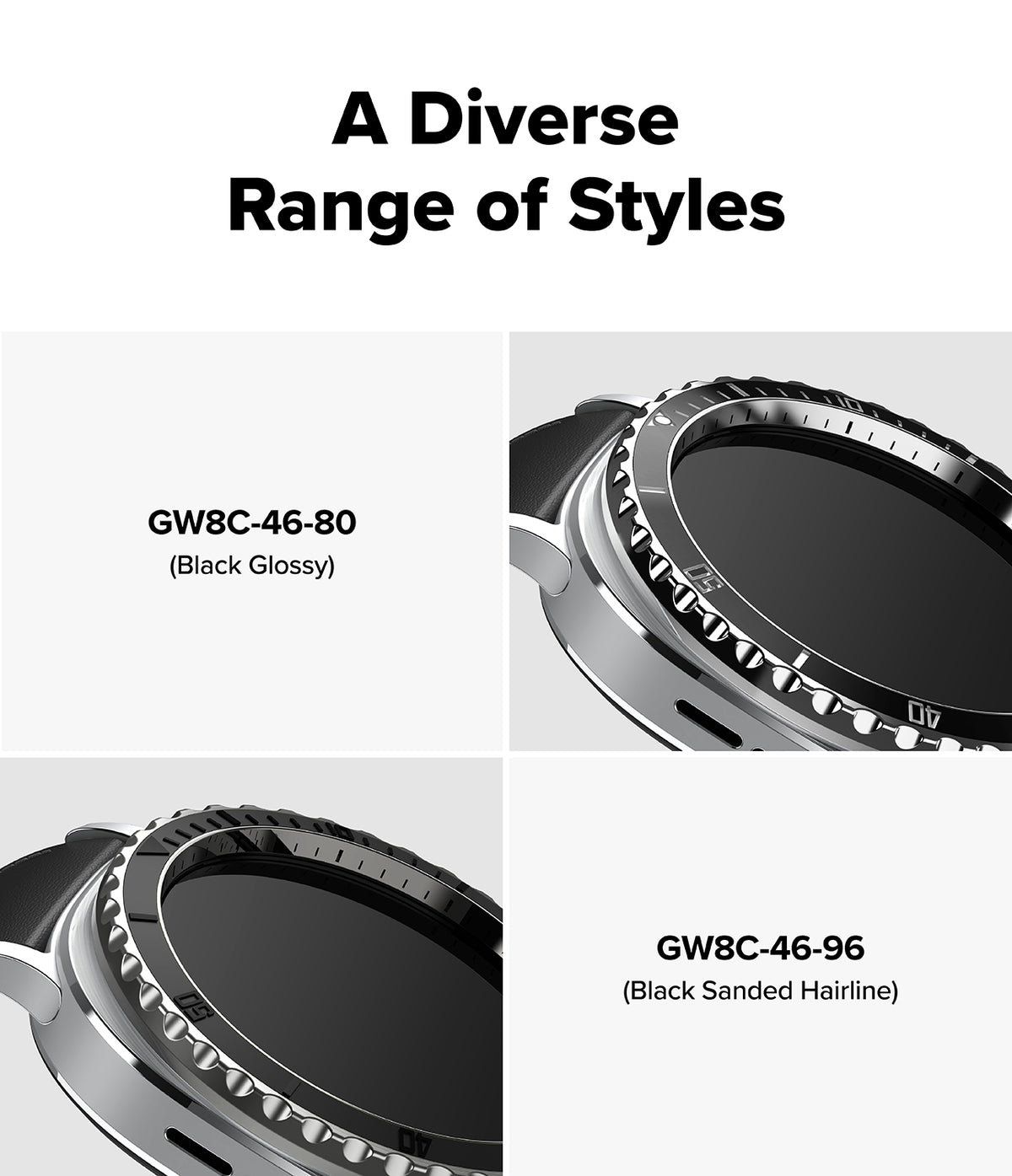 Galaxy Watch 8 Classic 46mm | Bezel Styling Premium - Two close-ups of black glossy and sanded hairline watch bezels.