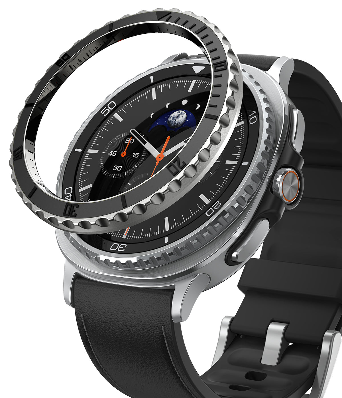 Galaxy Watch 8 Classic 46mm | Bezel Styling Premium - A black metal bezel ring hovering above a silver smartwatch.
