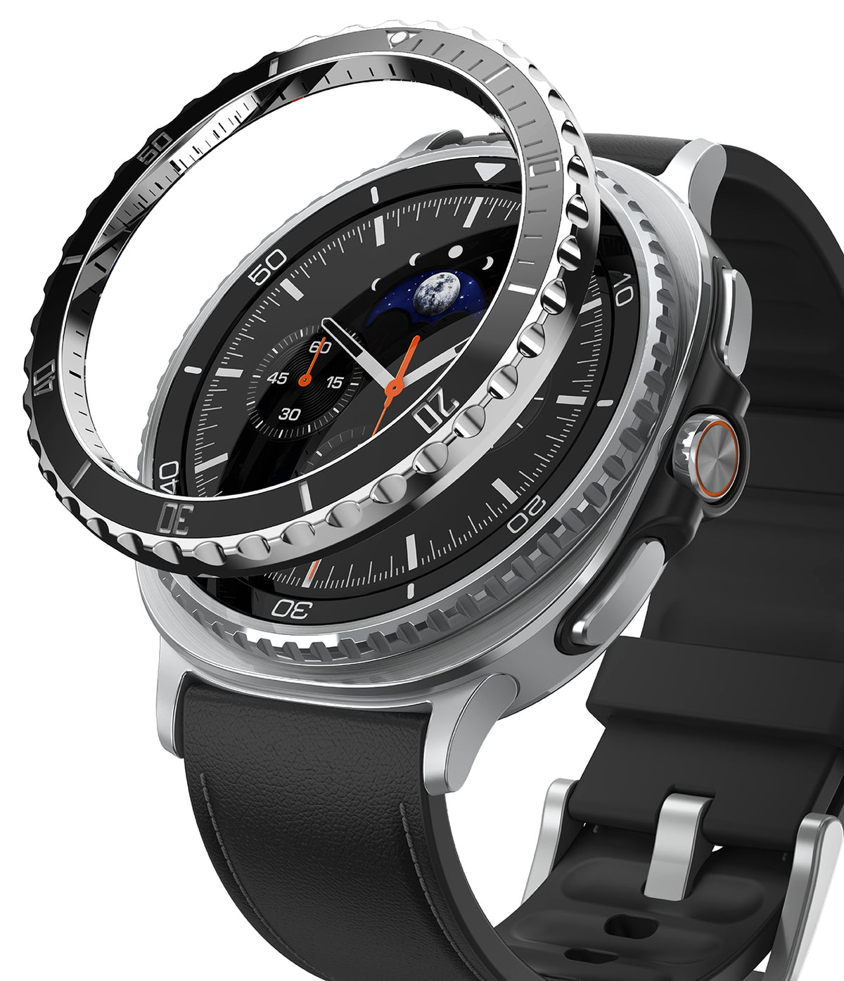 Galaxy Watch 8 Classic 46mm | Bezel Styling Premium - A metallic bezel ring hovering above a smartwatch with a black leather strap and moon dial.