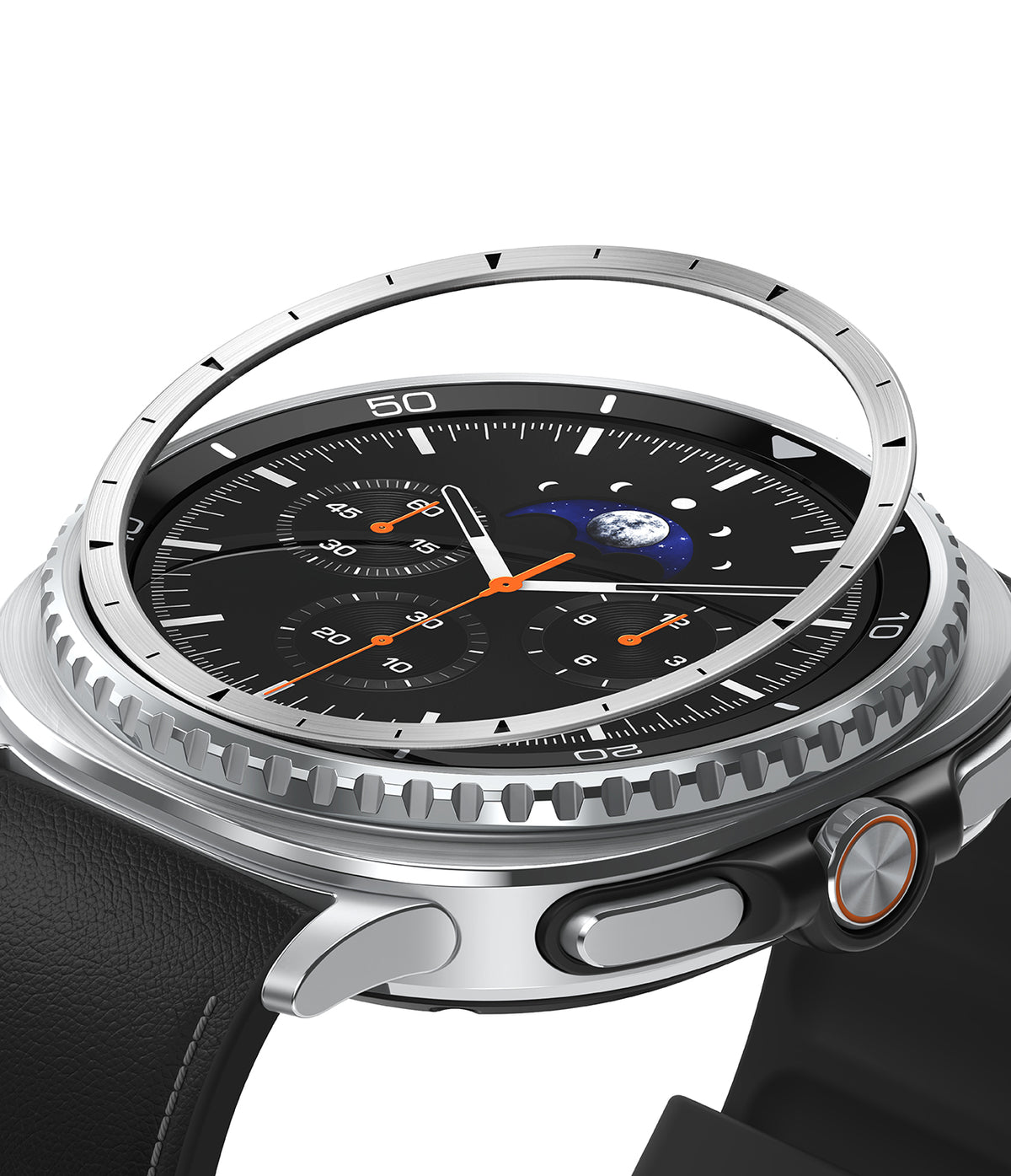 Galaxy Watch 8 Classic 46mm | Inner Bezel Styling - Silver metal bezel ring hovering above a smartwatch face.