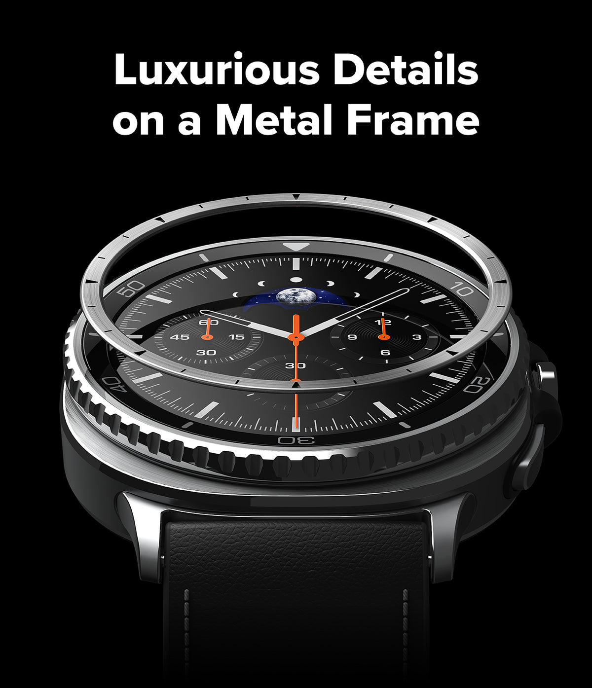 Galaxy Watch 8 Classic 46mm | Inner Bezel Styling - A metallic bezel ring hovering above a black smartwatch face.