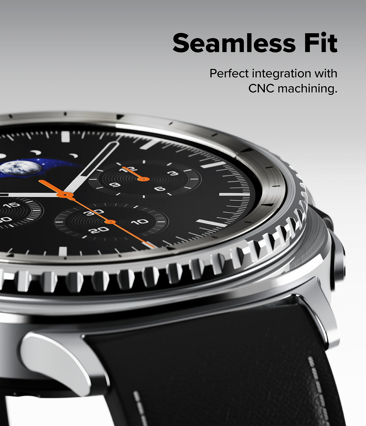 Galaxy Watch 8 Classic 46mm | Inner Bezel Styling - Close-up of a silver smartwatch with a textured bezel and black dial.