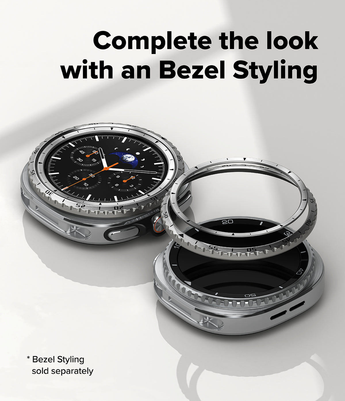 Galaxy Watch 8 Classic 46mm | Inner Bezel Styling - Silver smartwatch with a metallic bezel ring hovering above the display.
