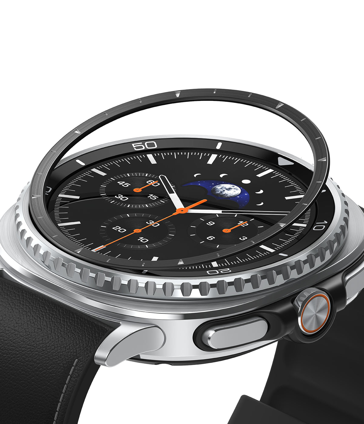 Galaxy Watch 8 Classic 46mm | Inner Bezel Styling - A black inner bezel ring hovering above a silver smartwatch face.