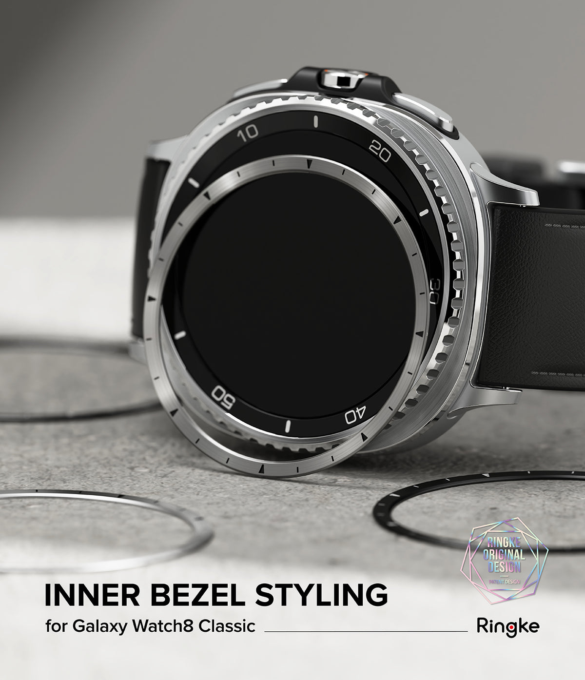 Galaxy Watch 8 Classic 46mm | Inner Bezel Styling - Silver metal inner bezel ring being applied to a smartwatch.