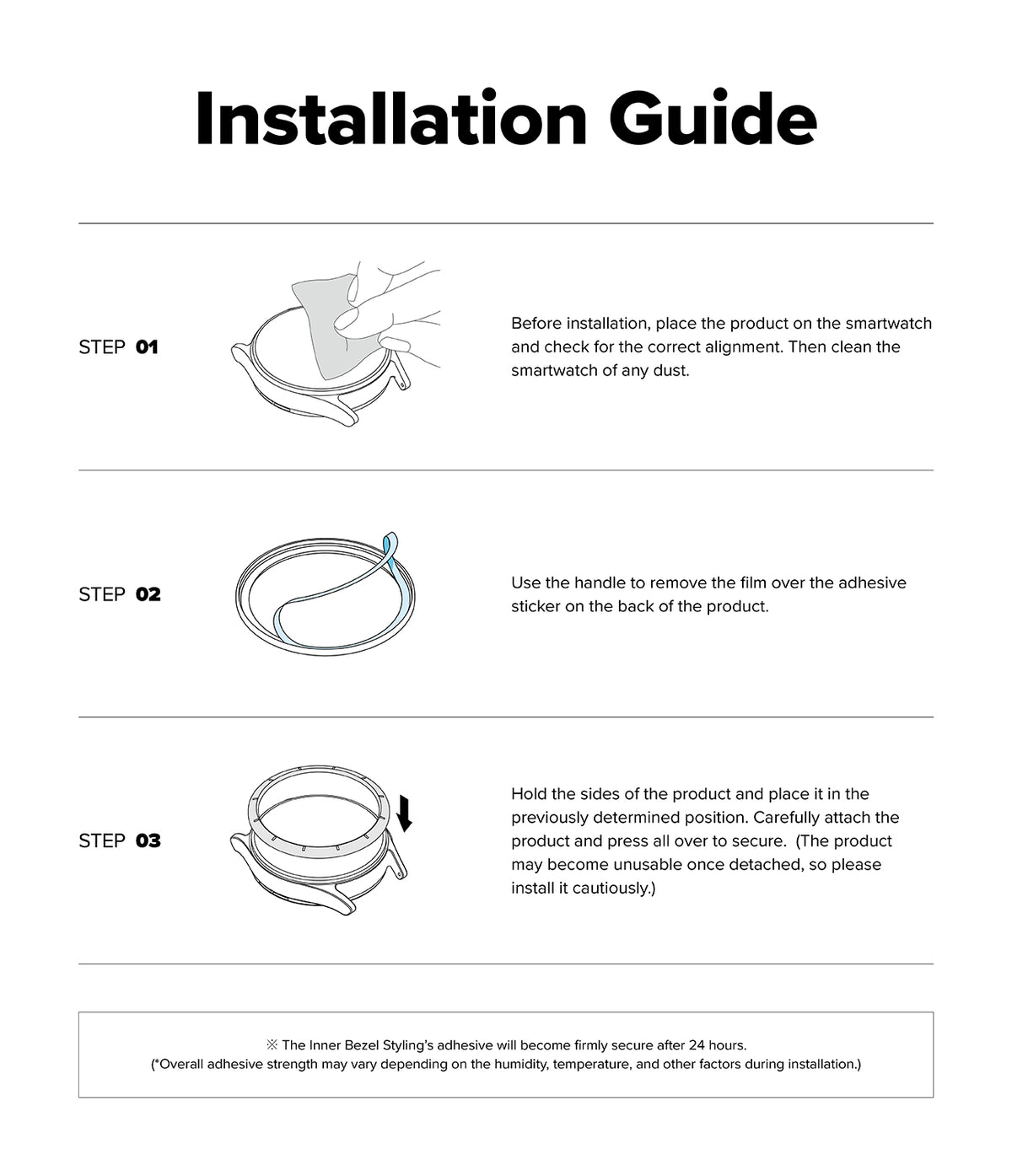 Galaxy Watch 8 Classic 46mm | Inner Bezel Styling - Galaxy Watch 8 Classic 46mm - Three-step installation guide for inner bezel styling showing cleaning, film removal, and placement.