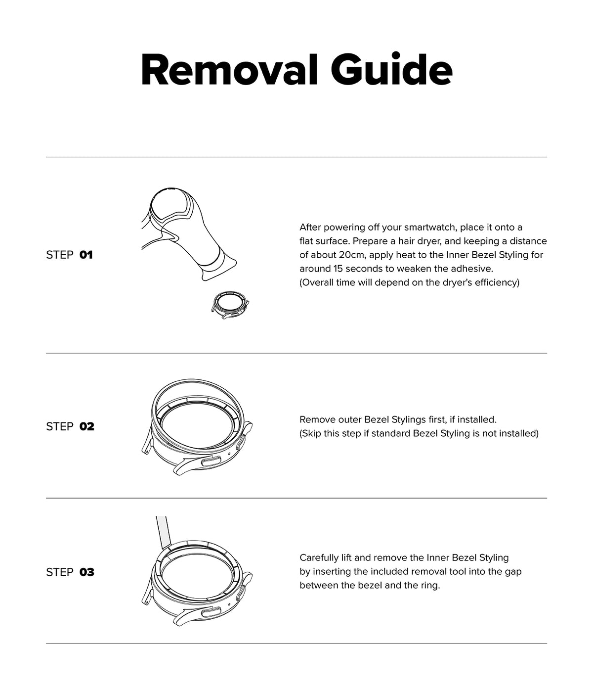 Galaxy Watch 8 Classic 46mm | Inner Bezel Styling - Three-step instructional diagram for removing the inner bezel.