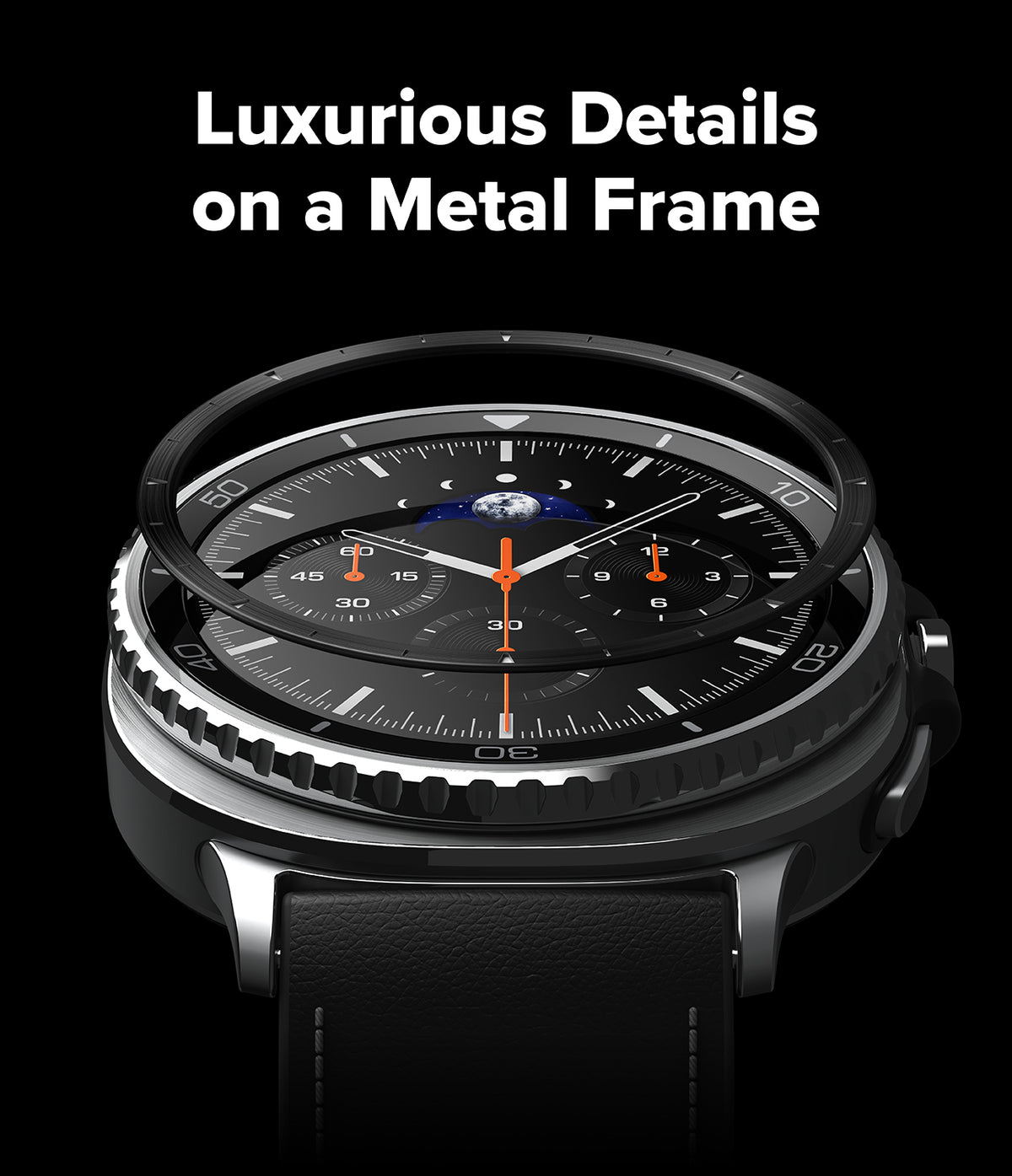 Galaxy Watch 8 Classic 46mm | Inner Bezel Styling - Metal bezel ring hovering above a black smartwatch with moon phase dial.