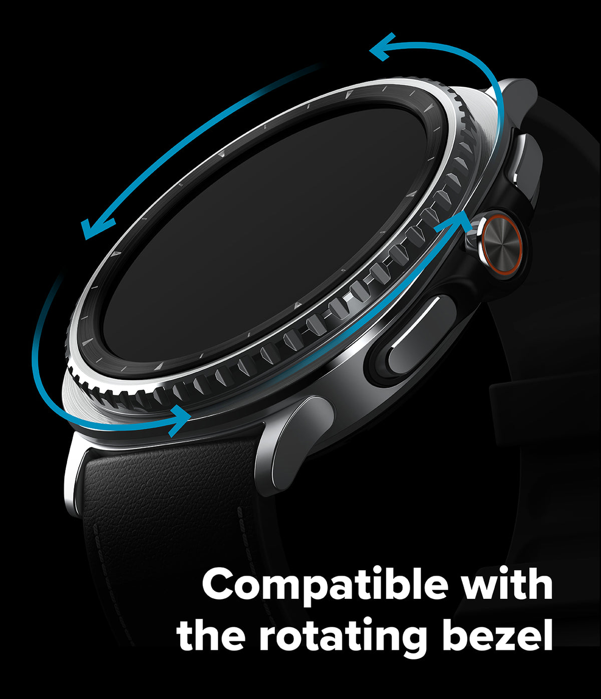 Galaxy Watch 8 Classic 46mm | Inner Bezel Styling - Smartwatch with a rotating bezel highlighted by blue arrows.