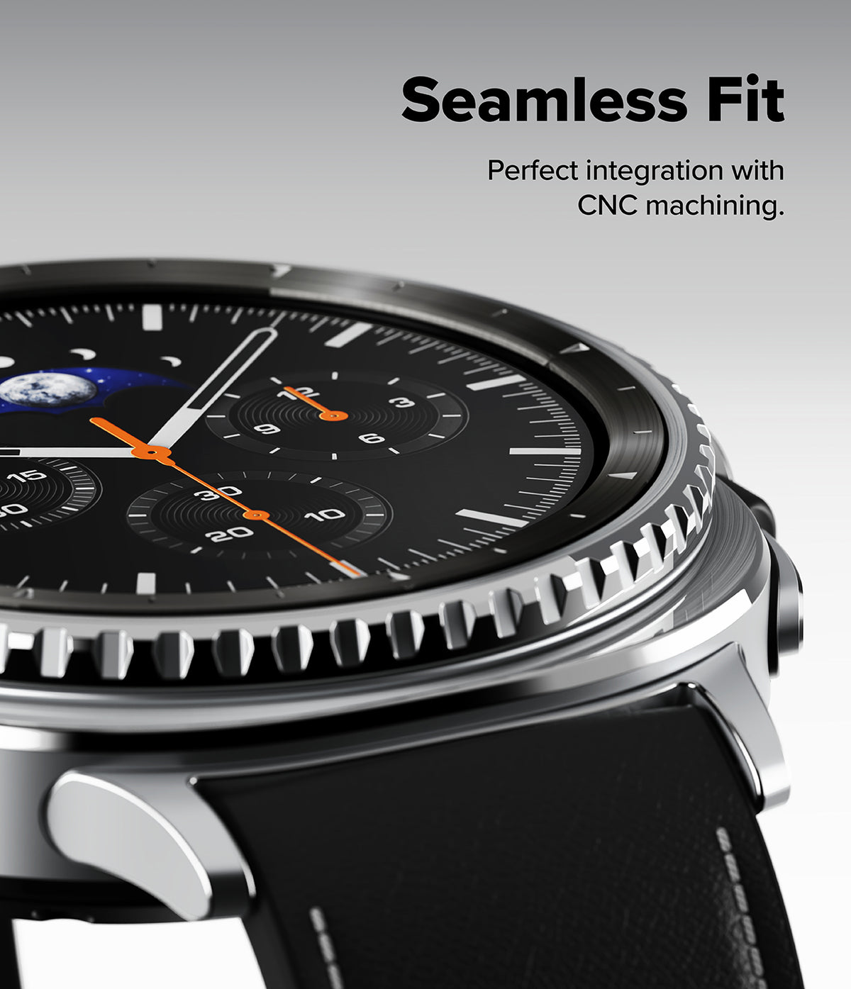 Galaxy Watch 8 Classic 46mm | Inner Bezel Styling - Galaxy Watch 8 Classic 46mm - Close-up of a silver smartwatch with a textured rotating bezel and black leather strap.