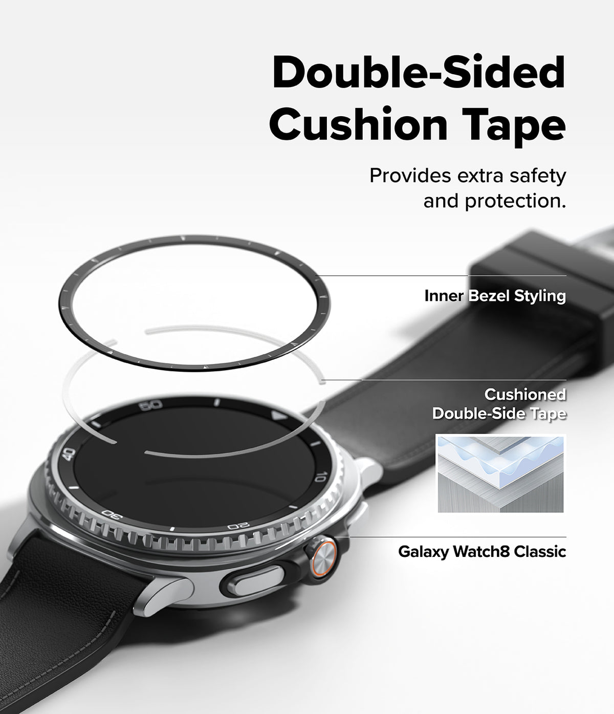 Galaxy Watch 8 Classic 46mm | Inner Bezel Styling - Exploded view showing bezel, cushion tape, and watch assembly.