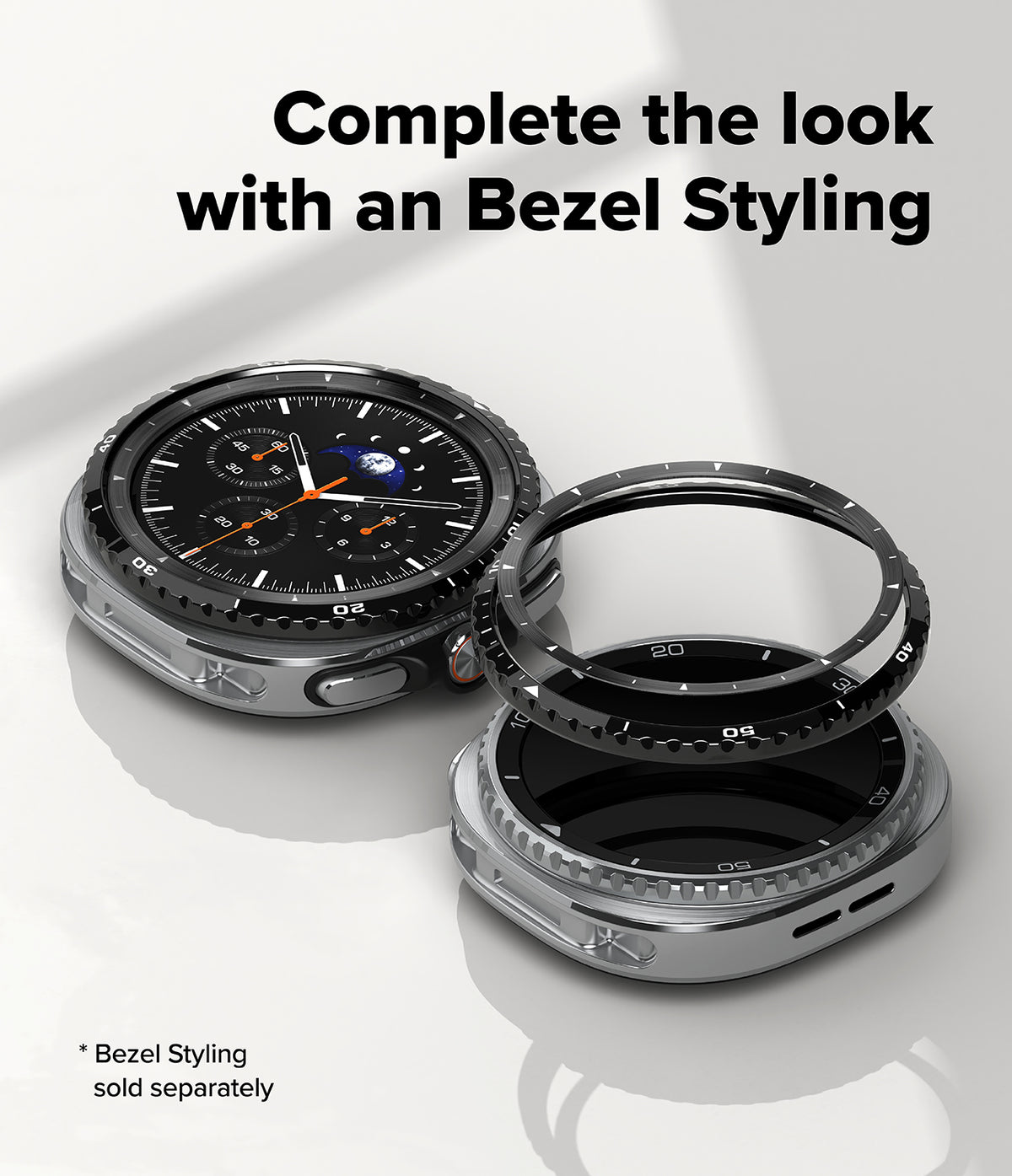 Galaxy Watch 8 Classic 46mm | Inner Bezel Styling - A Galaxy Watch 8 Classic with an attachable black bezel ring.