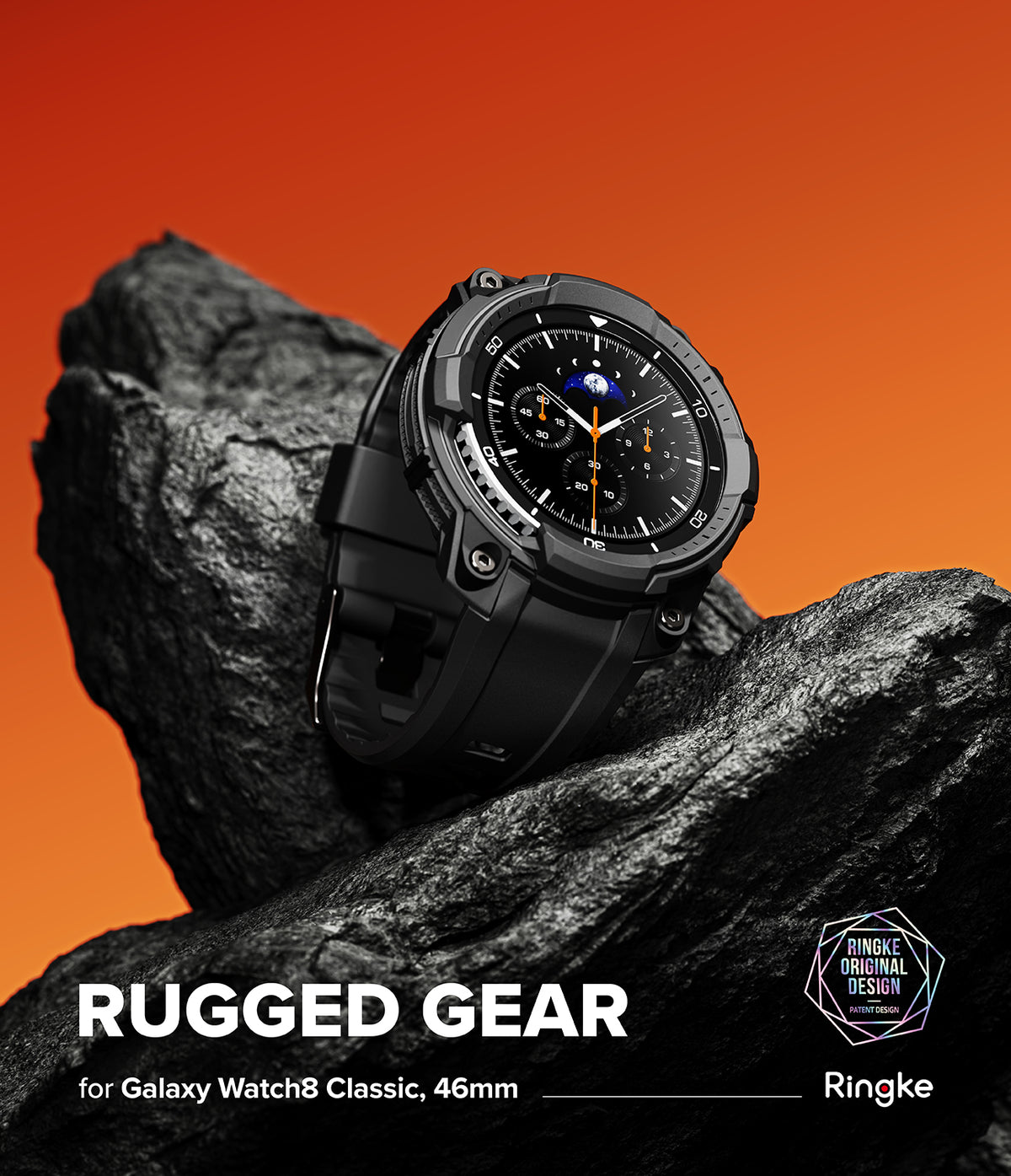 Galaxy Watch 8 Classic 46mm Case + Band | Rugged Gear - Black rugged watch case and band resting on a dark rock.