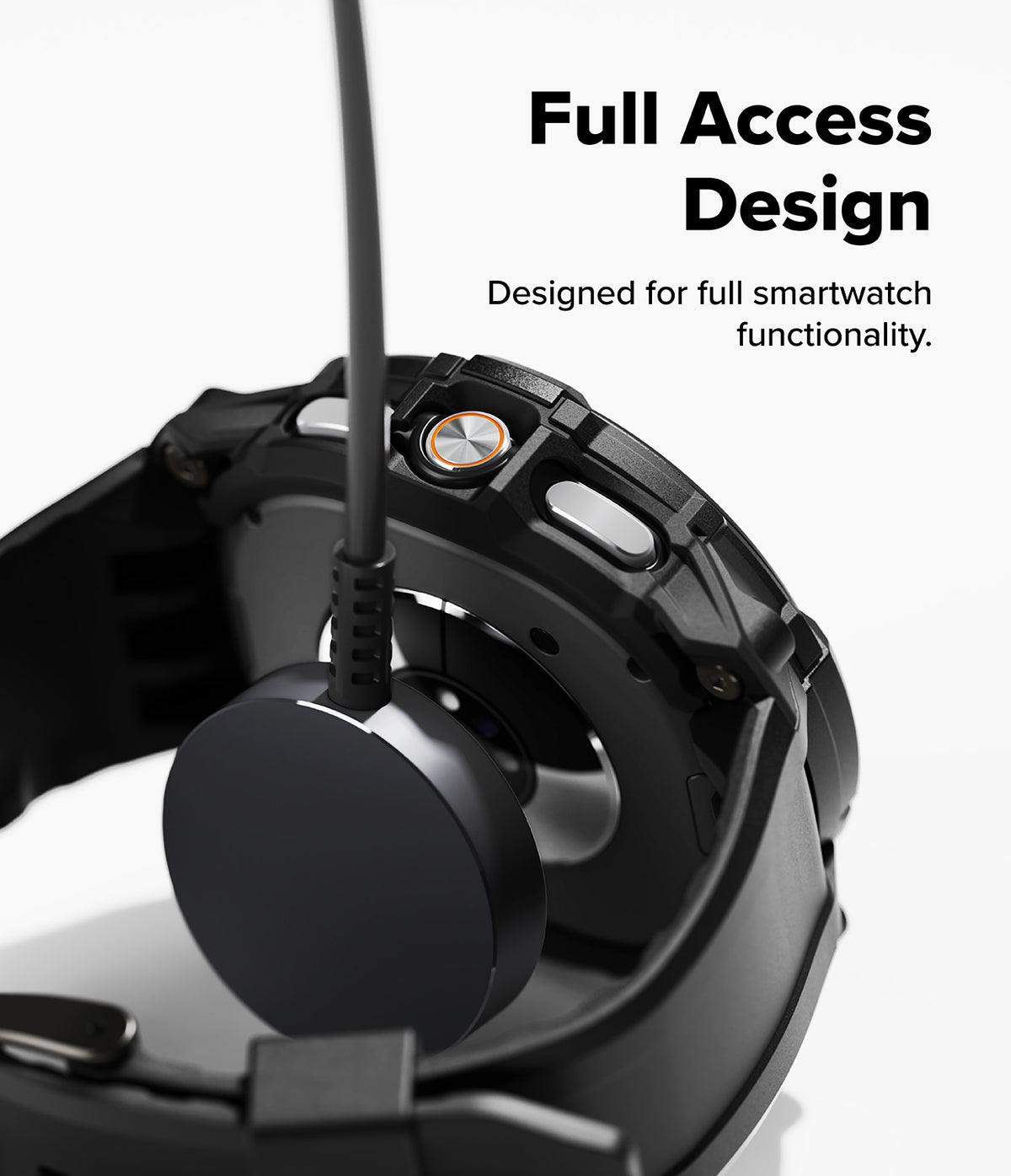 Galaxy Watch 8 Classic 46mm Case + Band | Rugged Gear - Black rugged watch case charging on a magnetic dock.
