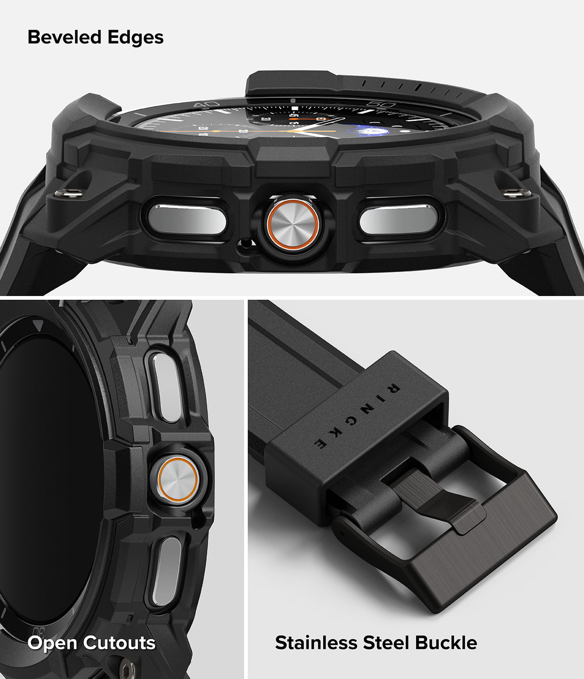 Galaxy Watch 8 Classic 46mm Case + Band | Rugged Gear - Galaxy Watch 8 Classic 46mm Case + Band - Rugged black watch case with beveled edges, open button cutouts, and metal buckle.