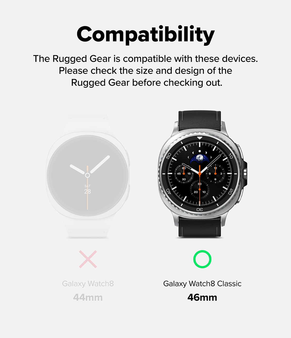 Galaxy Watch 8 Classic 46mm Case + Band | Rugged Gear - Compatibility chart showing Galaxy Watch8 Classic 46mm is supported.