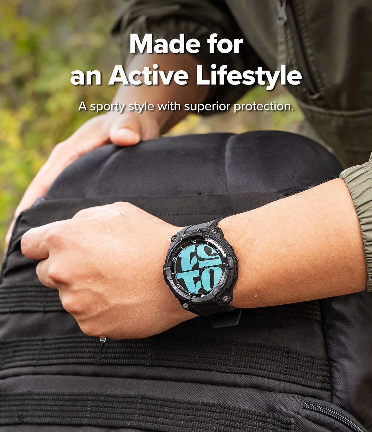 Galaxy Watch 8 Classic 46mm Case + Band | Rugged Gear - Galaxy Watch 8 Classic 46mm Case + Band - Rugged black watch case on a wrist with a blue digital clock face.