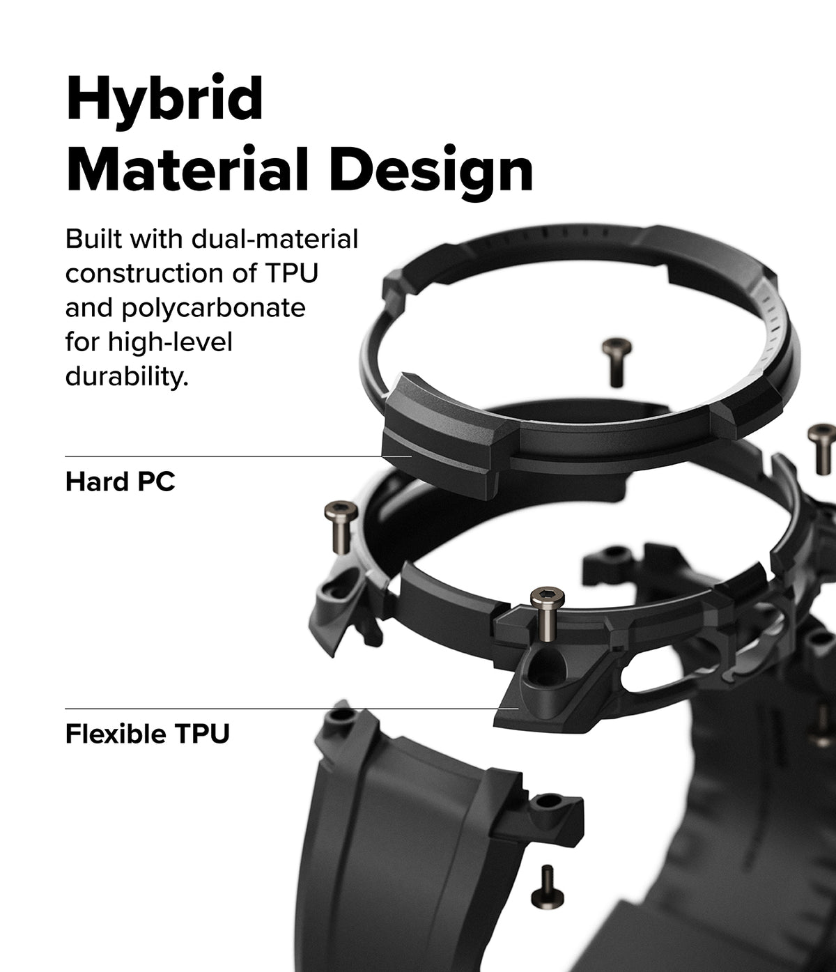 Galaxy Watch 8 Classic 46mm Case + Band | Rugged Gear - Galaxy Watch 8 Classic 46mm Case + Band - Exploded view of a black watch case showing hard PC and flexible TPU layers.