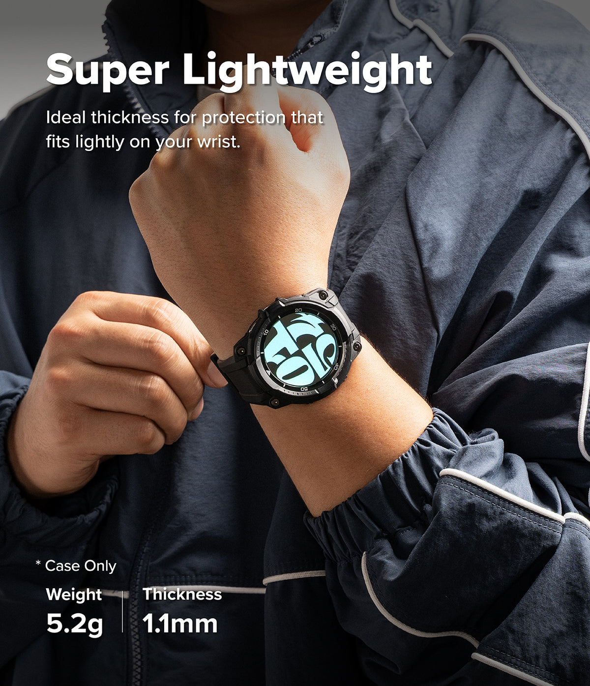 Galaxy Watch 8 Classic 46mm Case + Band | Rugged Gear - Galaxy Watch 8 Classic 46mm Case + Band - Rugged black watch case on a wrist with text highlighting lightweight design.