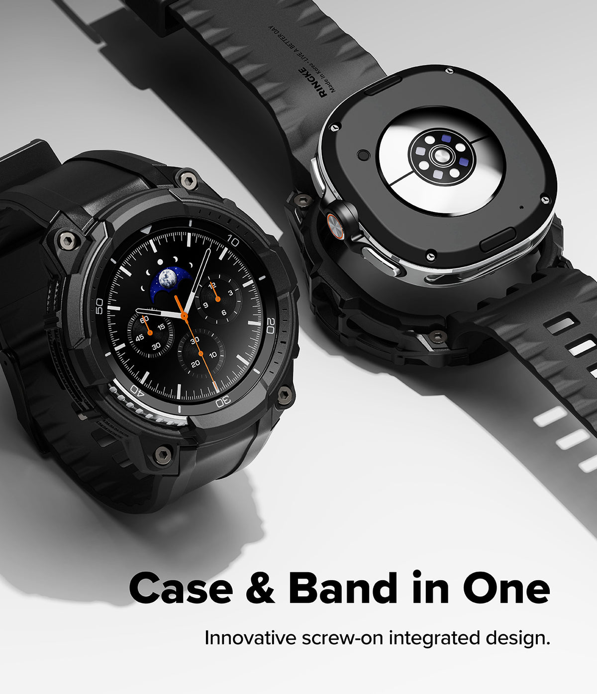 Galaxy Watch 8 Classic 46mm Case + Band | Rugged Gear - Two black rugged watch cases with integrated bands shown front and back.