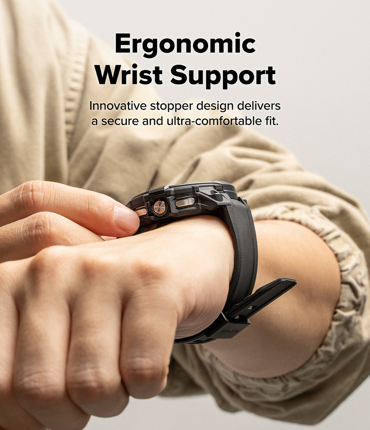 Galaxy Watch 8 Classic 46mm Case + Band | Rugged Gear - Galaxy Watch 8 Classic 46mm Case + Band - Rugged black watch case and band worn on a wrist with ergonomic stopper design.