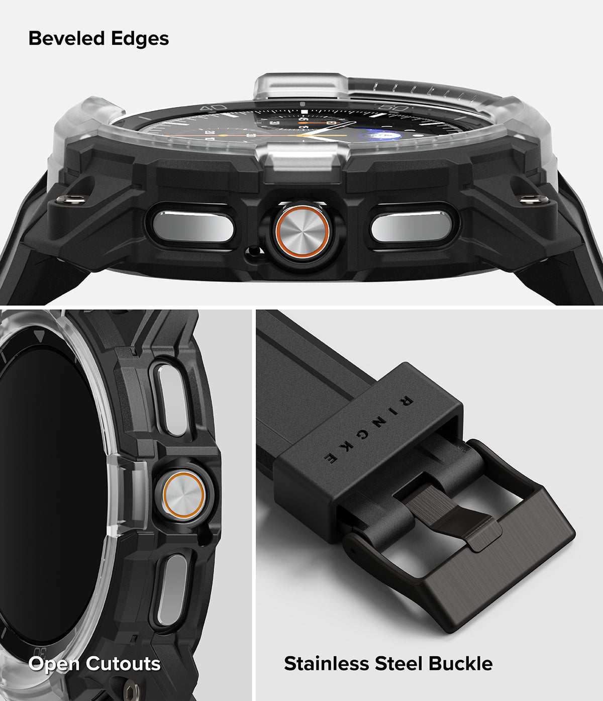Galaxy Watch 8 Classic 46mm Case + Band | Rugged Gear - Galaxy Watch 8 Classic 46mm Case + Band - Rugged black watch case with beveled edges, open button cutouts, and metal buckle.