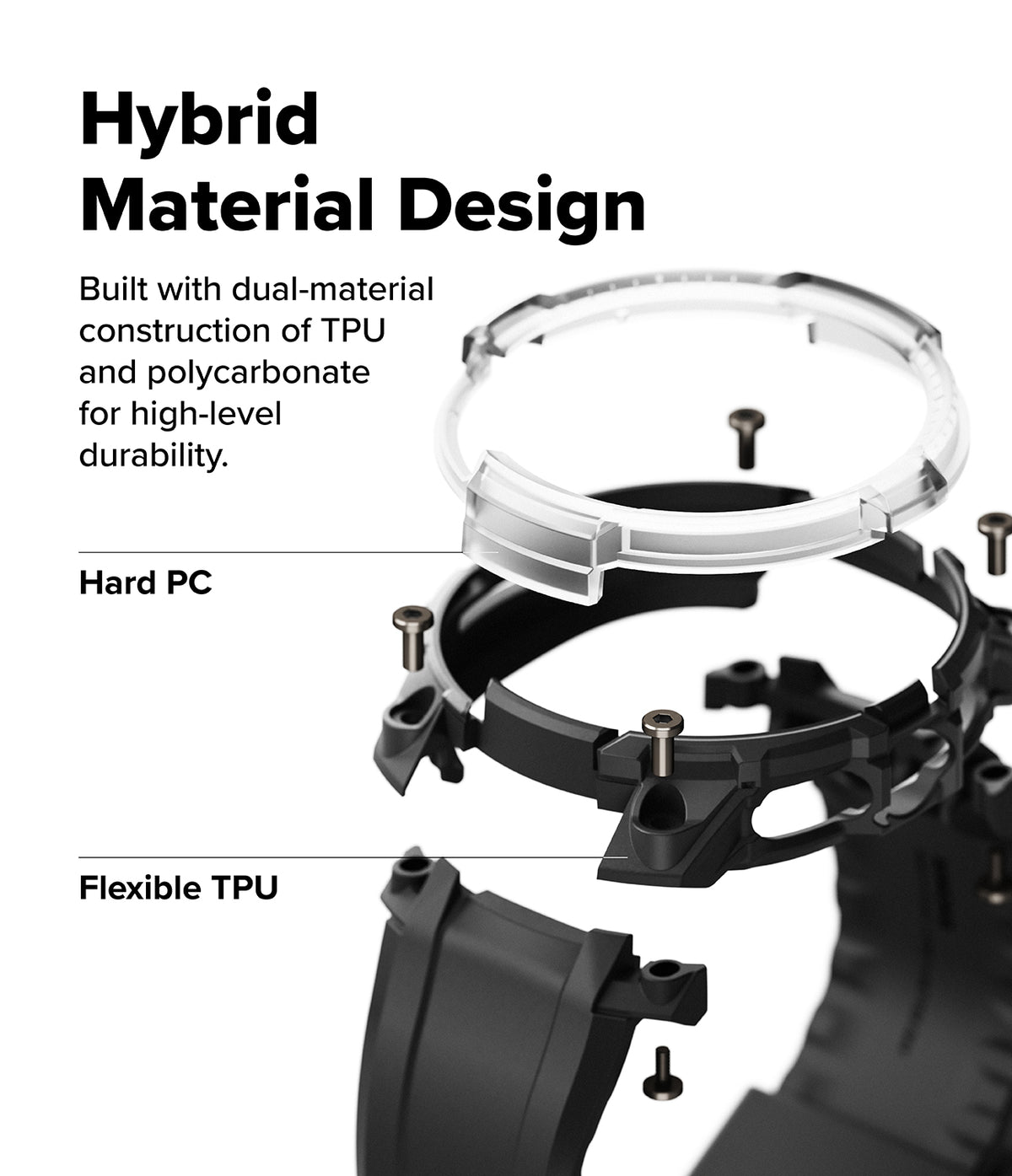 Galaxy Watch 8 Classic 46mm Case + Band | Rugged Gear - Exploded view showing hard PC and flexible TPU watch case parts.
