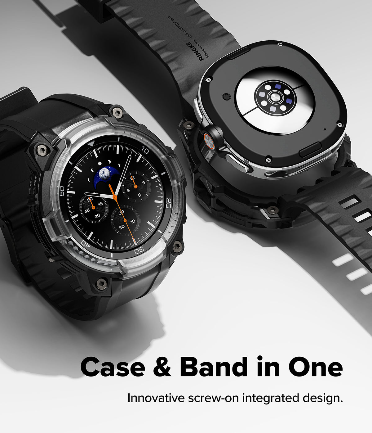 Galaxy Watch 8 Classic 46mm Case + Band | Rugged Gear - Galaxy Watch 8 Classic 46mm Case + Band - Two rugged black watch cases with integrated bands shown from front and back.