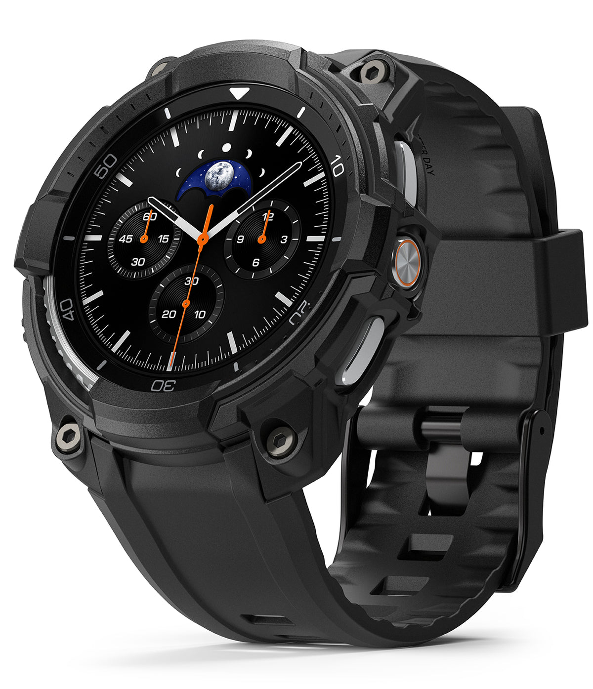 Galaxy Watch 8 Classic 46mm Case + Band | Rugged Gear - Galaxy Watch 8 Classic 46mm Case + Band - Rugged black protective case and silicone strap on a smartwatch.