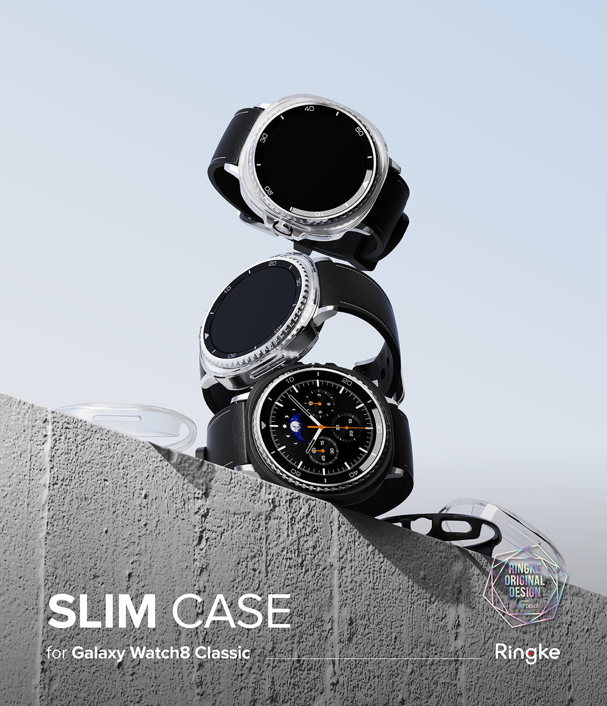 Galaxy Watch 8 Classic 46mm Case | Slim - Three smartwatches stacked on a concrete ledge with clear protective cases.