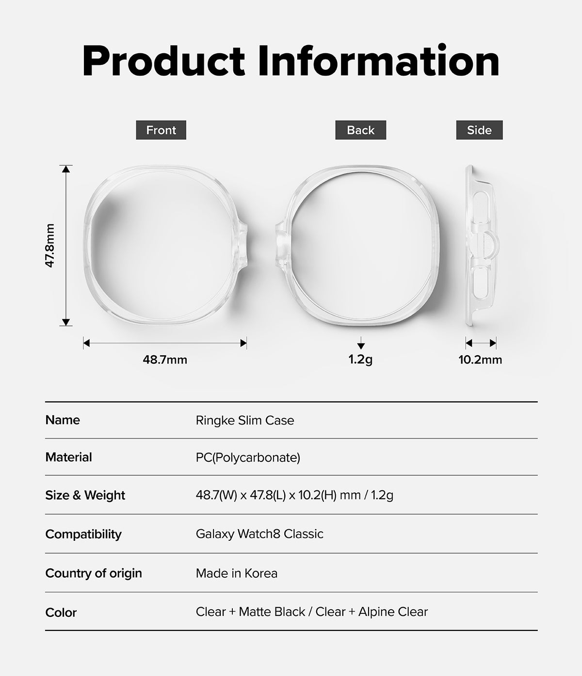 Galaxy Watch 8 Classic 46mm Case | Slim - Technical diagram showing front, back, and side views with dimensions and specs.