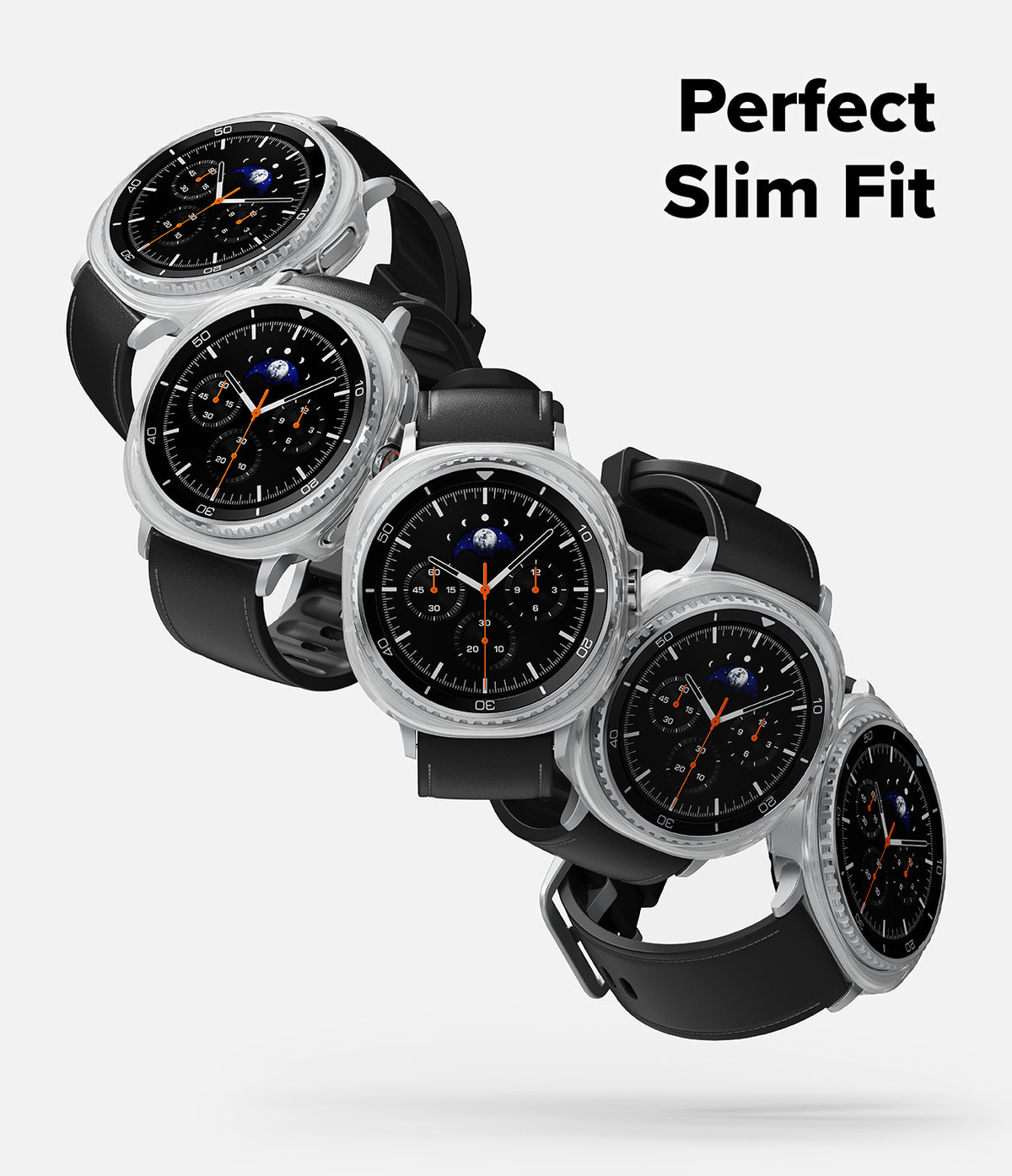 Galaxy Watch 8 Classic 46mm Case | Slim - Five Galaxy Watches with clear slim cases arranged in a diagonal cascade.