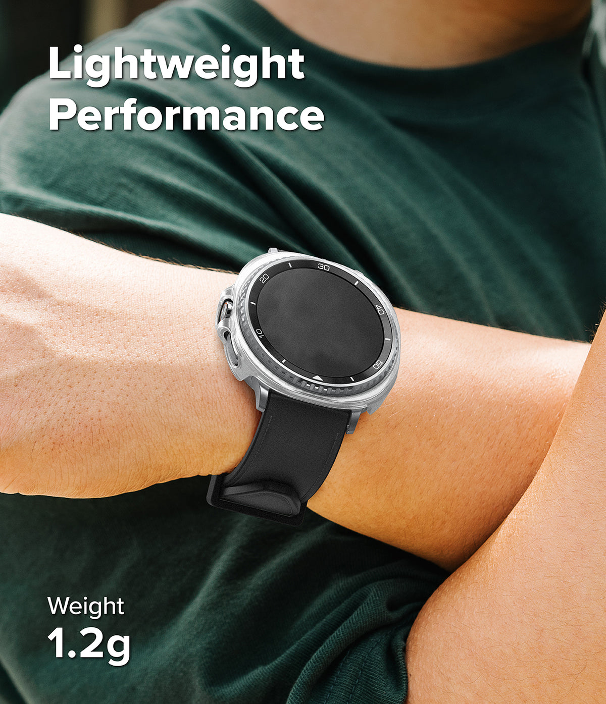 Galaxy Watch 8 Classic 46mm Case | Slim - Silver slim watch case on a wrist with black strap, text Lightweight Performance.