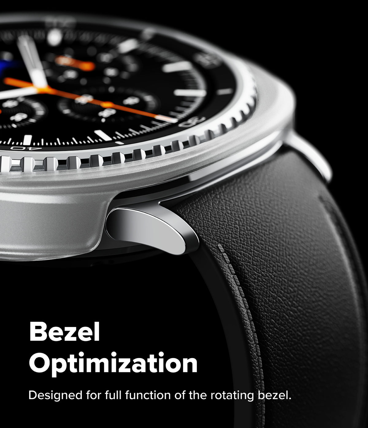 Galaxy Watch 8 Classic 46mm Case | Slim - Close-up of a silver watch case with a textured bezel and black leather strap.