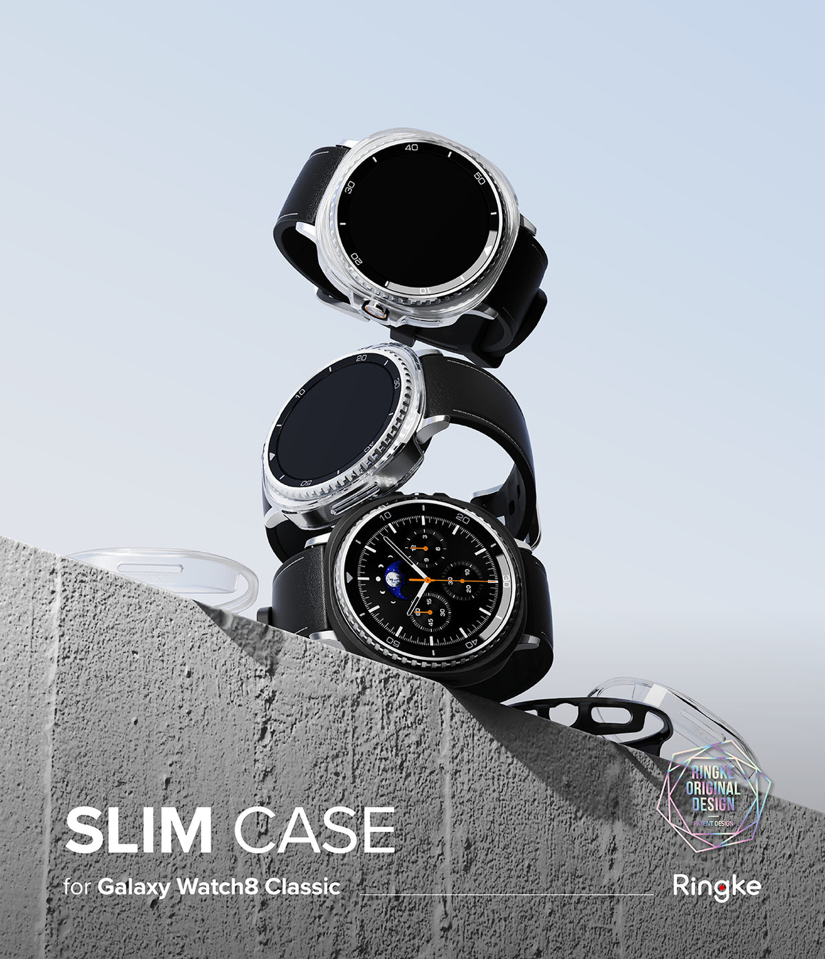 Galaxy Watch 8 Classic 46mm Case | Slim - Three Galaxy watches stacked vertically on a concrete ledge with clear cases.