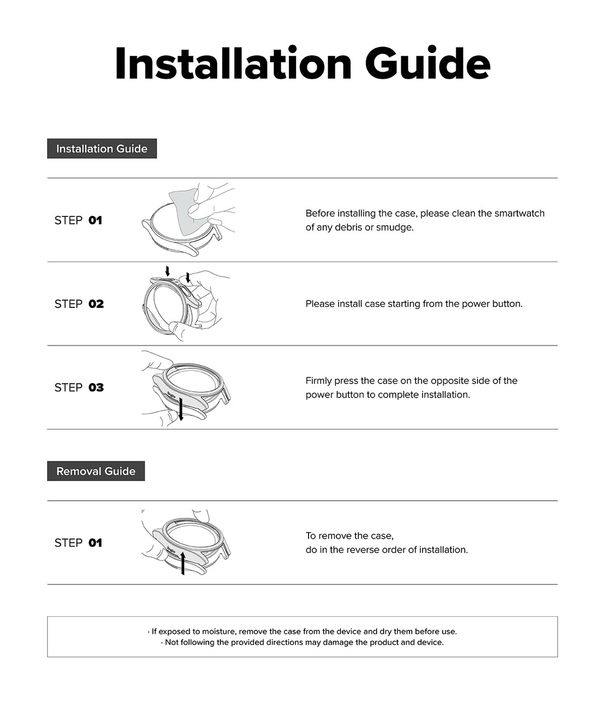 Galaxy Watch 8 Classic 46mm Case | Slim - Illustrated guide showing steps to clean, install, and remove the watch case.