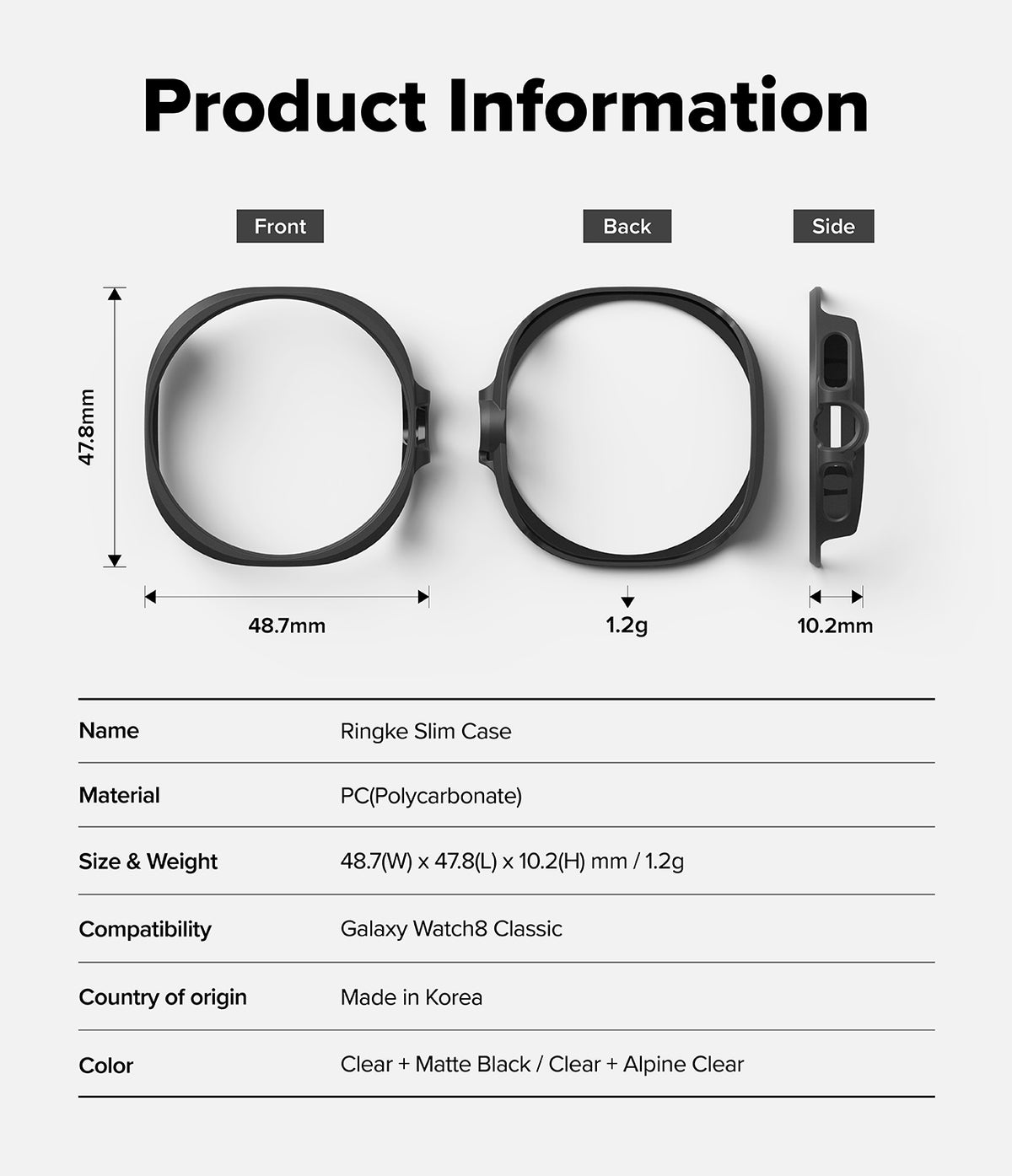 Galaxy Watch 8 Classic 46mm Case | Slim - Technical diagram showing dimensions, weight, and specs for the watch case.