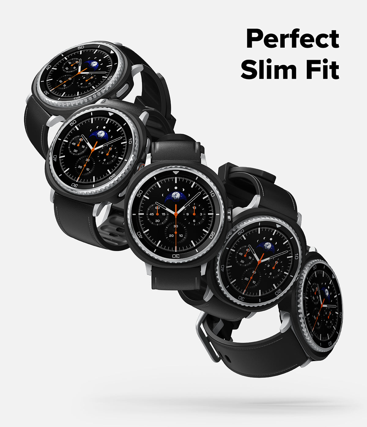Galaxy Watch 8 Classic 46mm Case | Slim - Five black smartwatches with chronograph faces arranged in a diagonal cascade.
