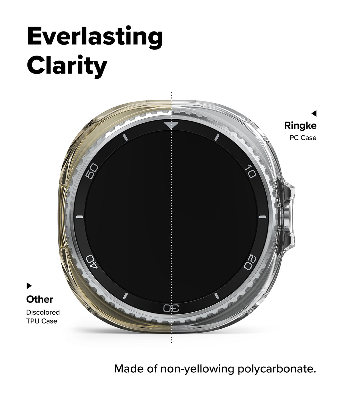 Galaxy Watch 8 Classic 46mm Case | Slim - Comparison of a clear Ringke PC case versus a yellowed TPU case.