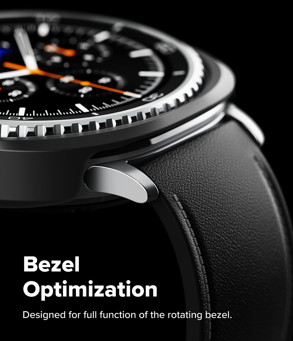 Galaxy Watch 8 Classic 46mm Case | Slim - Close-up of a smartwatch with a metallic rotating bezel and black leather strap.