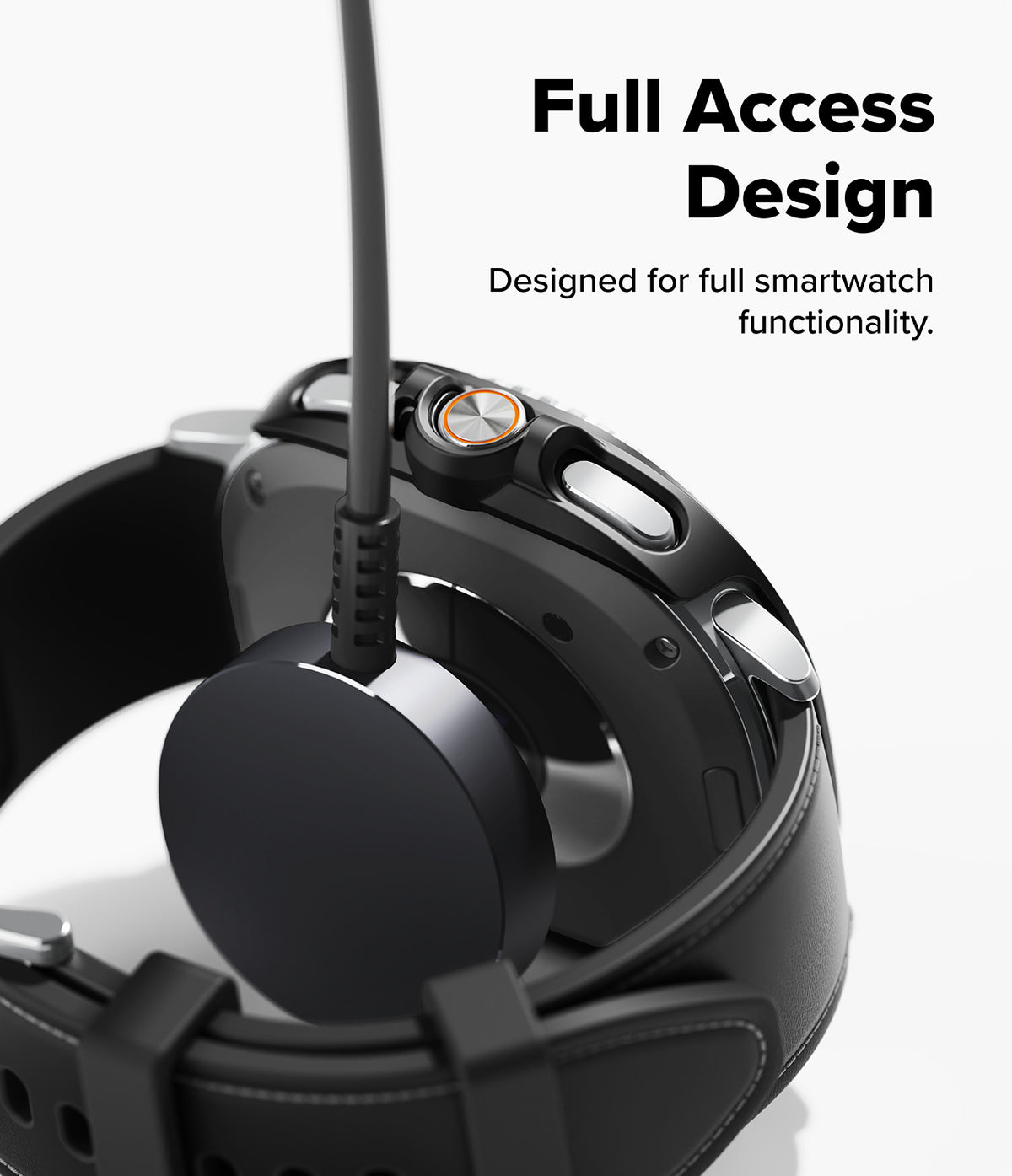 Galaxy Watch 8 Classic 46mm Case | Slim - Black watch case on a smartwatch being charged by a magnetic cable.