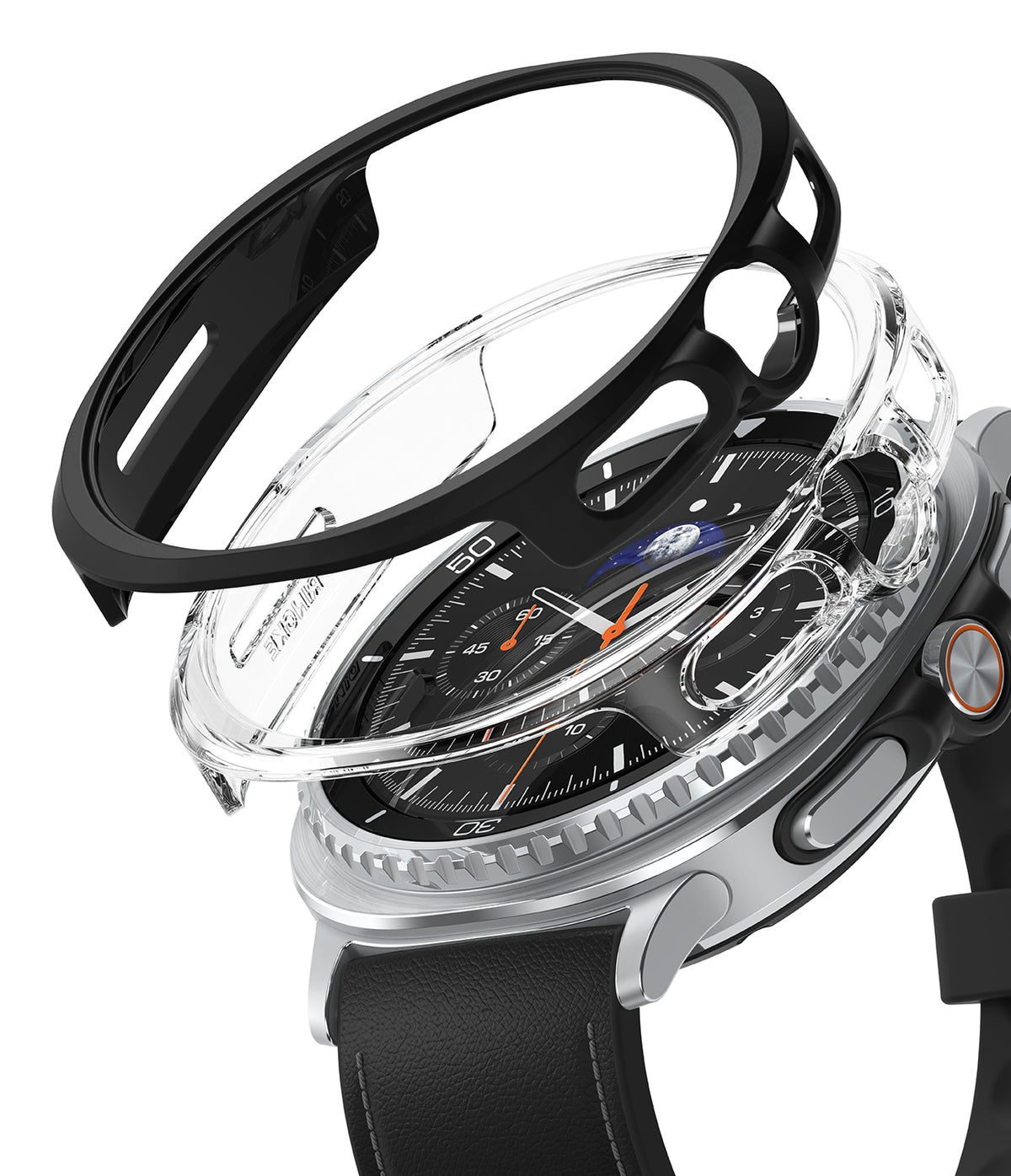 Galaxy Watch 8 Classic 46mm Case | Slim - Exploded view of a black and clear protective case hovering over a silver smartwatch.