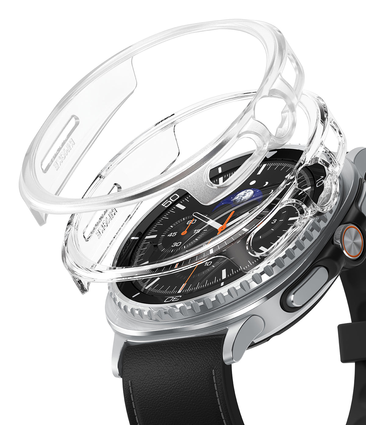 Galaxy Watch 8 Classic 46mm Case | Slim - Transparent protective case hovering above a Galaxy Watch with black strap.