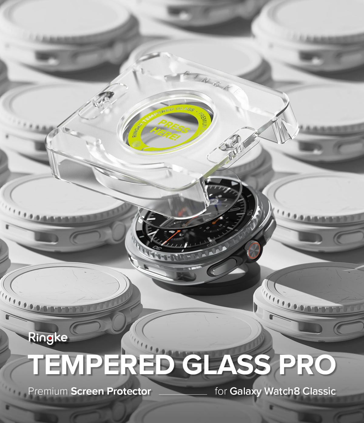 Galaxy Watch 8 Classic 46mm Screen Protector | Tempered Glass Pro - Installation tool hovering over a smartwatch with tempered glass screen.
