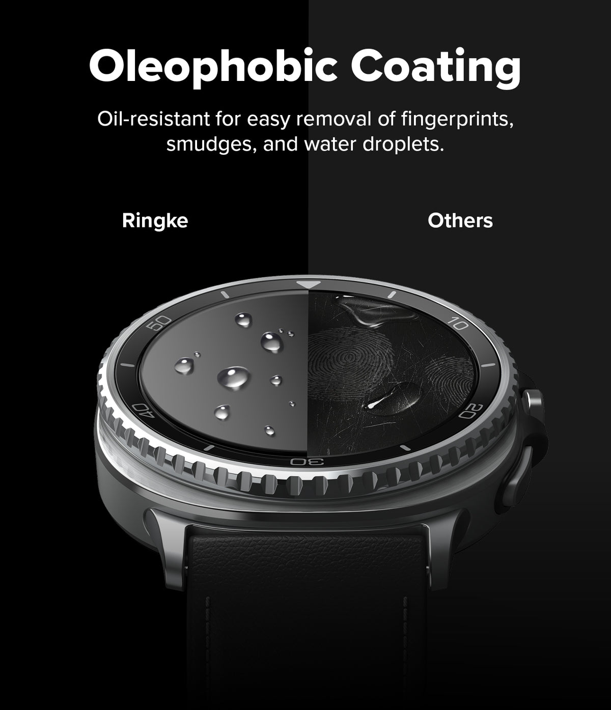 Galaxy Watch 8 Classic 46mm Screen Protector | Tempered Glass Pro - Split screen showing clean water beads on Ringke vs smudges on others.